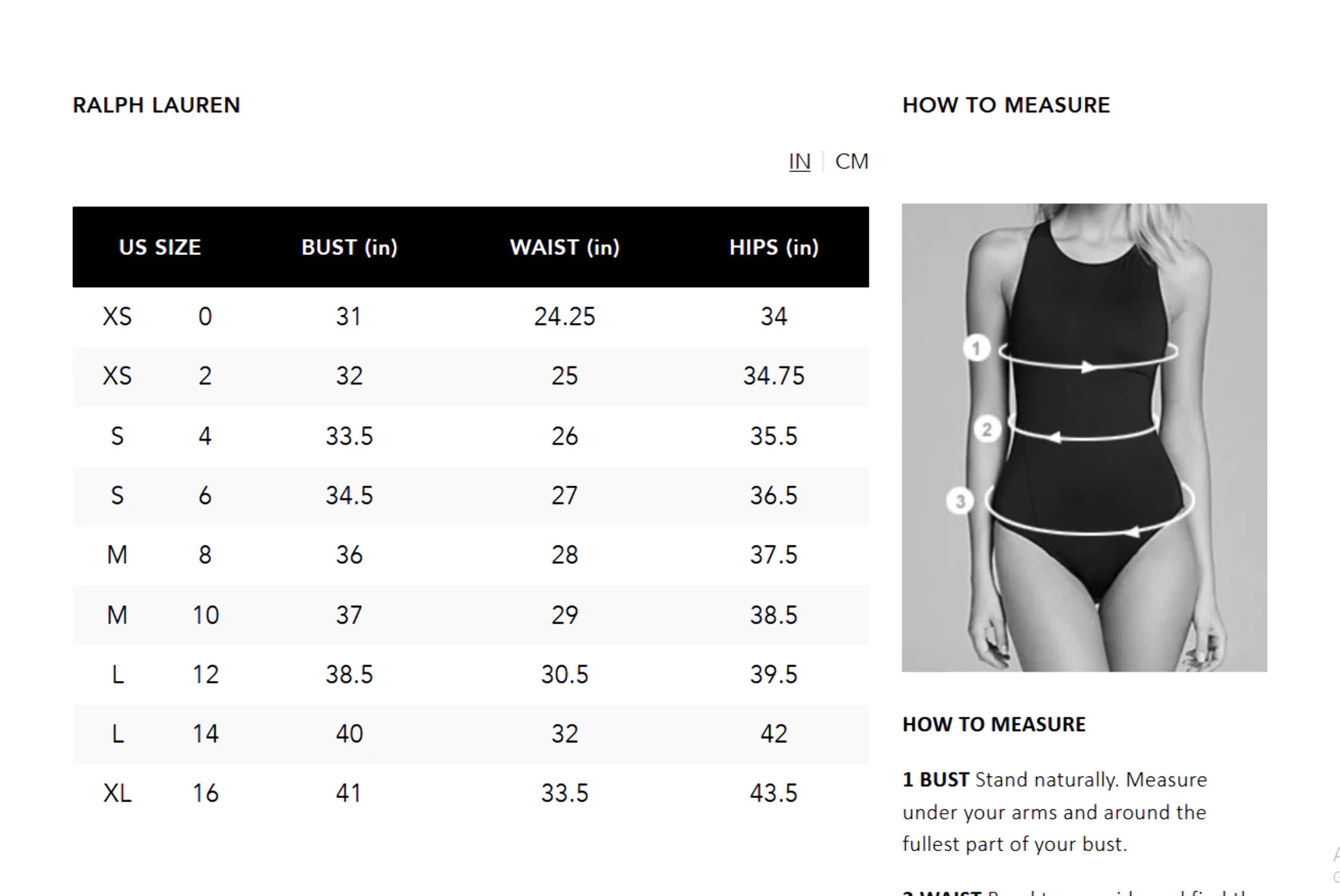 ralph lauren bathing suit size chart
