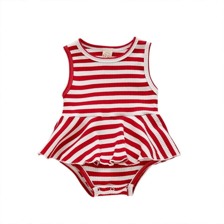 

TUOBARR Infant Baby Girls Sleeveless Striped Printed Ruffles Bodysuit Romper Red (3-18Months)