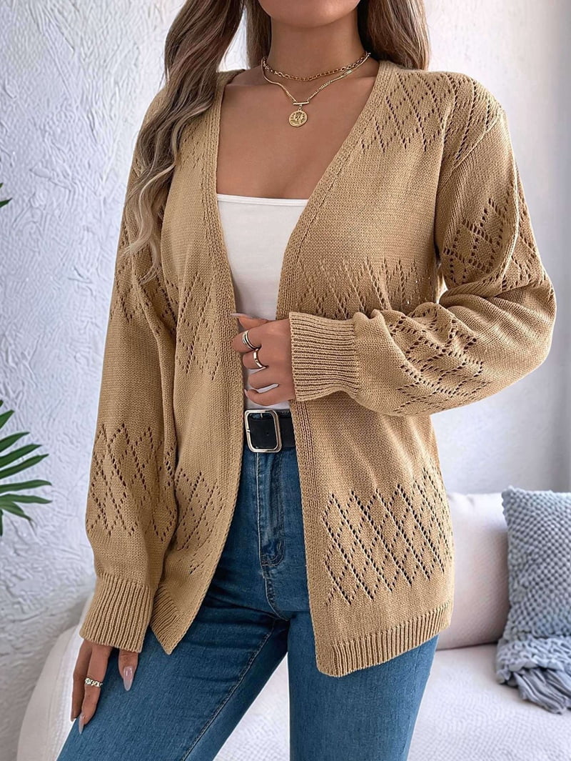 Womens Summer Crochet Cardigan Long Sleeve Light-Weight Casual Knit Sweaters Khaki M