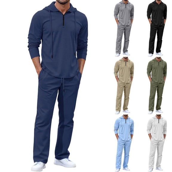 Linen 2 Piece Sets for Men 1/4 Zipper Linen Shirts with Hood and Beach Pants Loose Fit Casual Vacation Outfits White