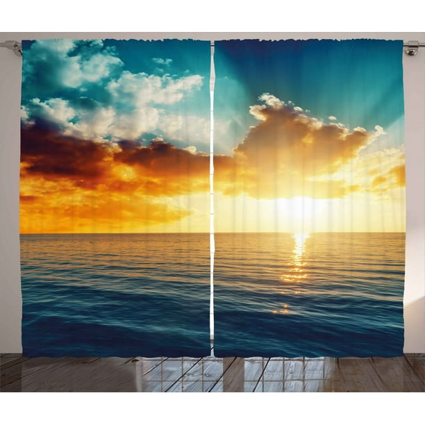 Ocean Curtains 2 Panels Set, Majestic Sunset over the Sea Scenic Idyllic Aquatic View Morning