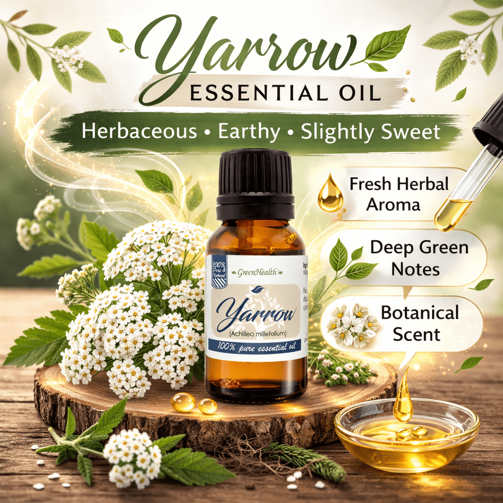Yarrow Essential Oil – 100% Pure Achillea Millefolium Oil – Aromatherapy Oil for Diffuser, Soap Making, Candle Making –  15 ml (1/2 fl oz) Amber Glass Bottle w/ Euro Dropper – GreenHealt