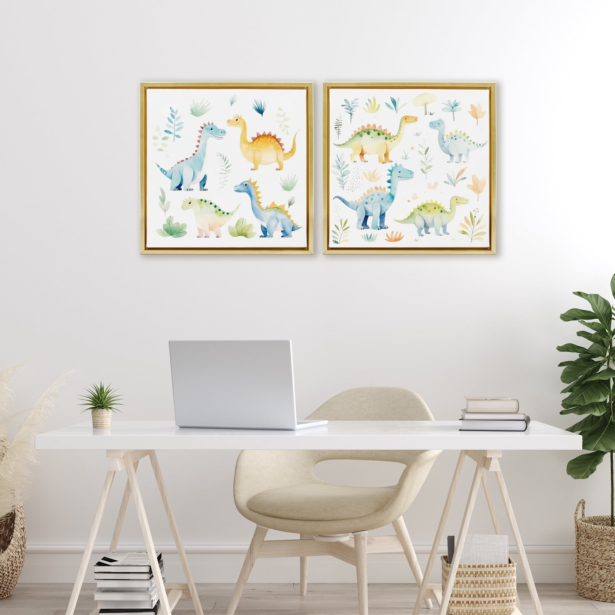 Stupell Industries Playful Dinosaur Wonders 2 Piece Gold Framed Floater Canvas Set, design by Lazar Studio