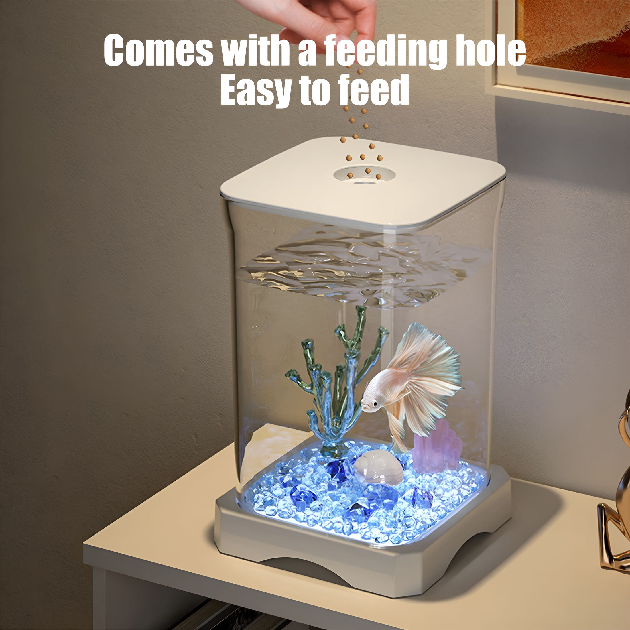 HIBIBUD Self Cleaning Fish Tank, 7in Small Fish Tank, Beginner Fish Tank with LED Light Decorations \u0026 Whisper Filters Water Pump, Fish Aquarium for Desktop Room Decor (White)