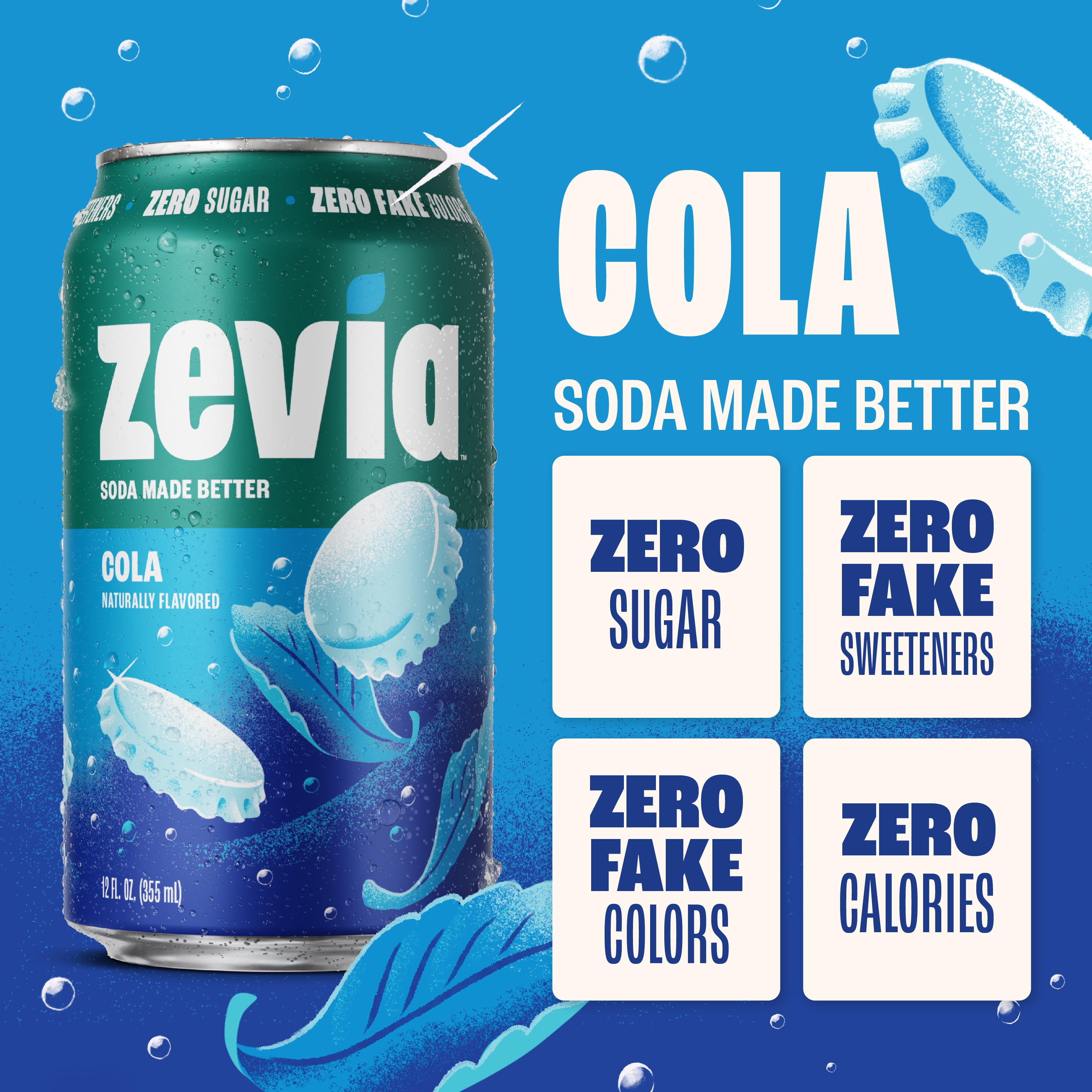 Zevia Zero Sugar Cola Soda Pop, 12 fl oz, 24 Pack of Cans