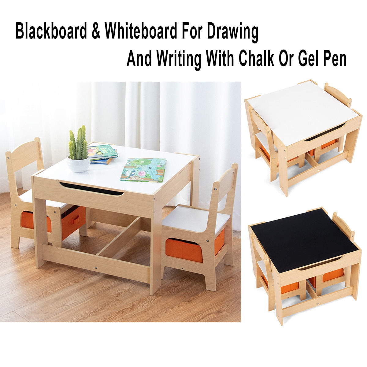 Gymax Children Kids Table Chairs Set W/ Storage Boxes Blackboard Whiteboard Drawing