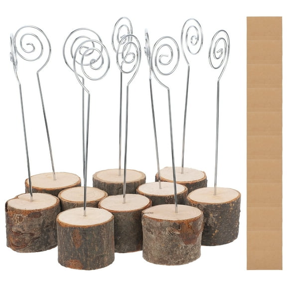 Masteelf Brown Wood and Paper Place Card Holders for Wedding Table Decorations 10 Sets Multiuse Photo Clips Small Stump Design