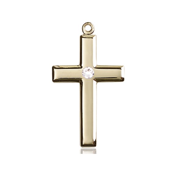 14kt Yellow Gold Cross Medal with 3mm April Swarovski Crystal 1 1/8 x 5/8 inches