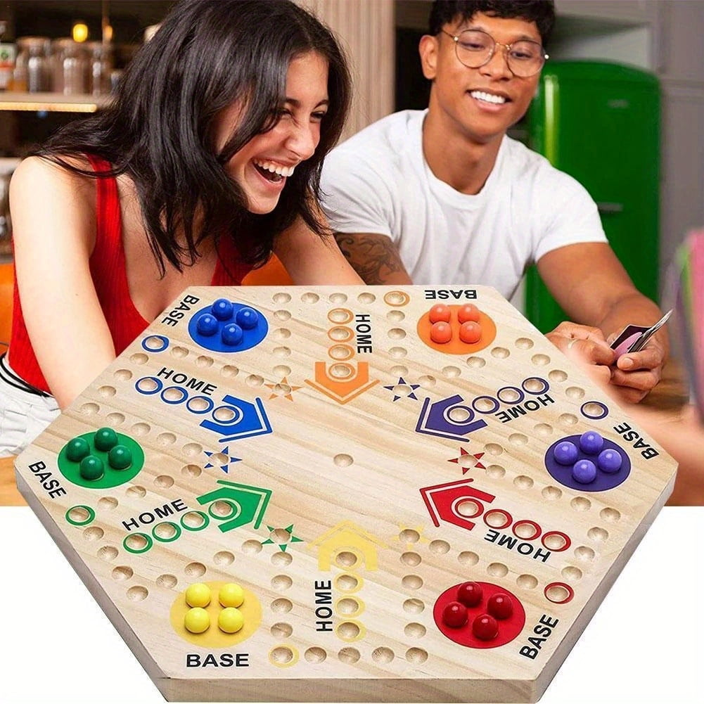 Wooden Fast Track Board Game for 4-6 People, Original Marble Game Wahoo Board Game, 15 Inch Double-sided Board, 2-6 Player Fast Track Game, 6 Colors 24 Marbles 6 Dice, Interactive Family Board Game