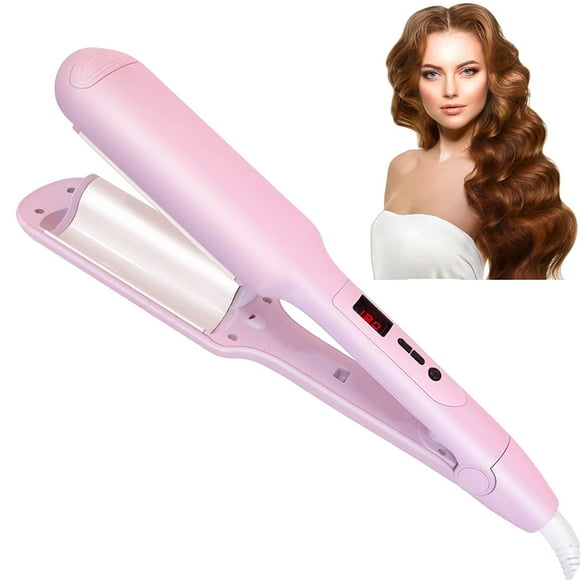 Beach Waves Curling Iron, 1 inch 25mm Hair Crimpers and Wavers, Protable Deep Hair Waver with Adjustable LCD Temperature Dual Voltage for Hair & Long Hair Pink
