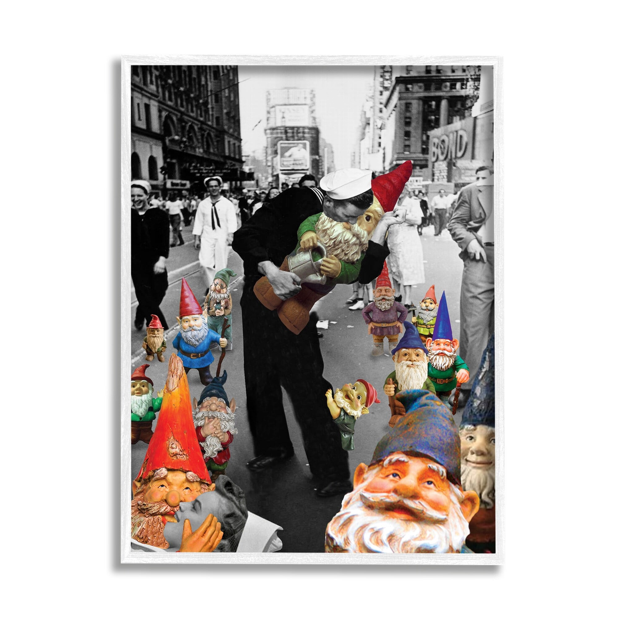 Stupell Industries Classic Kissing Sailor Urban Photograph Whimsical Gnomes Framed Wall Art, 11 x 14, Design by Barry Kite