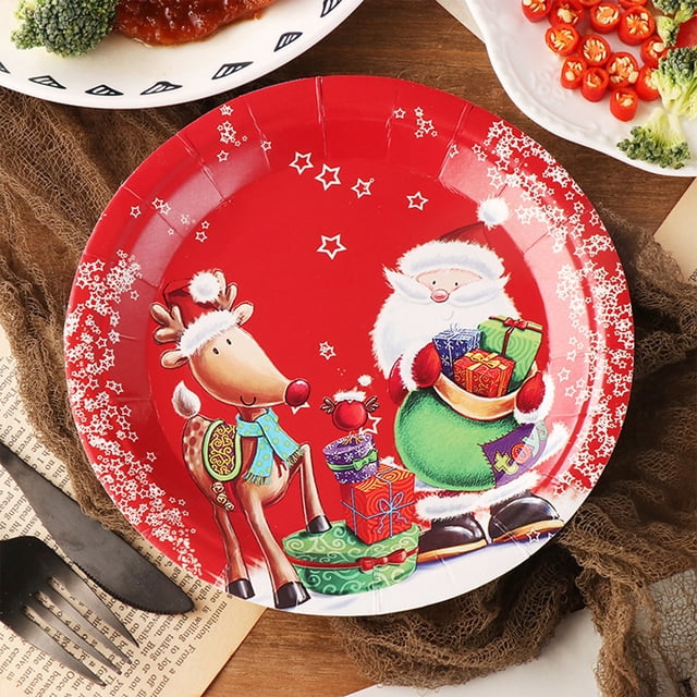 Disposable Painted Paper Plates For Christmas Parties Water Proof Oil Draining Thickened Sturdy Based Pulp
