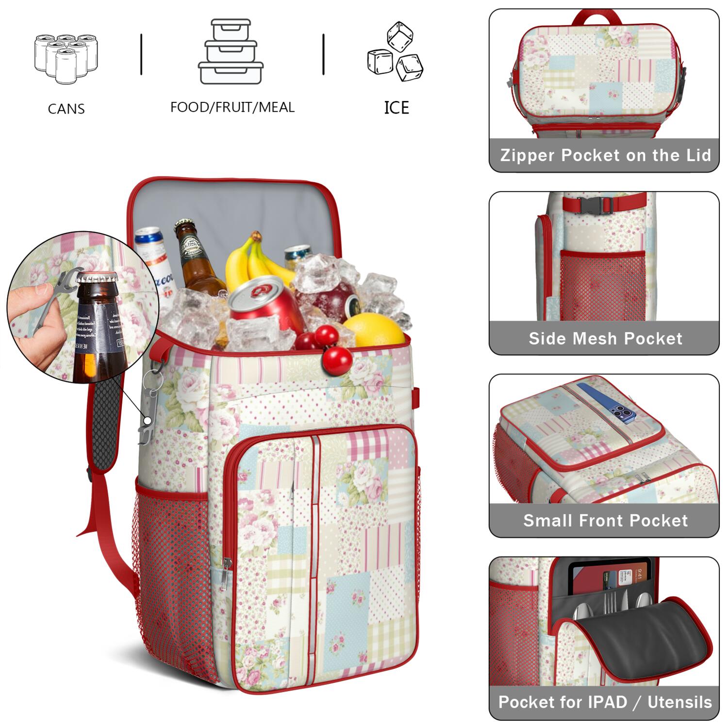 Travel Cooler Bag - Pioneer Flower Floral Print Pattern Camping Beer Cooler Backpack with Bottle Opener- Waterproof Insulated Picnic Backpacks - Cooler Bag for Beach