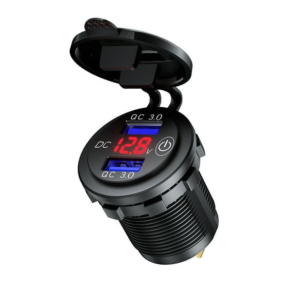 Quick Charge 3.0 Dual USB Charger Socket with Voltmeter and Switch 36W 6A Waterproof Power Outlet Cigarette Lighter Replacement for 12V/24V Car Boat Motorcycle Truck Golf Cart