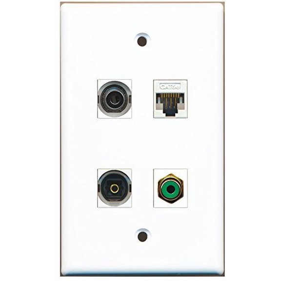 RiteAV - 1 Port RCA Green 1 Port Toslink 1 Port 3.5mm 1 Port Cat5e Ethernet White Wall Plate