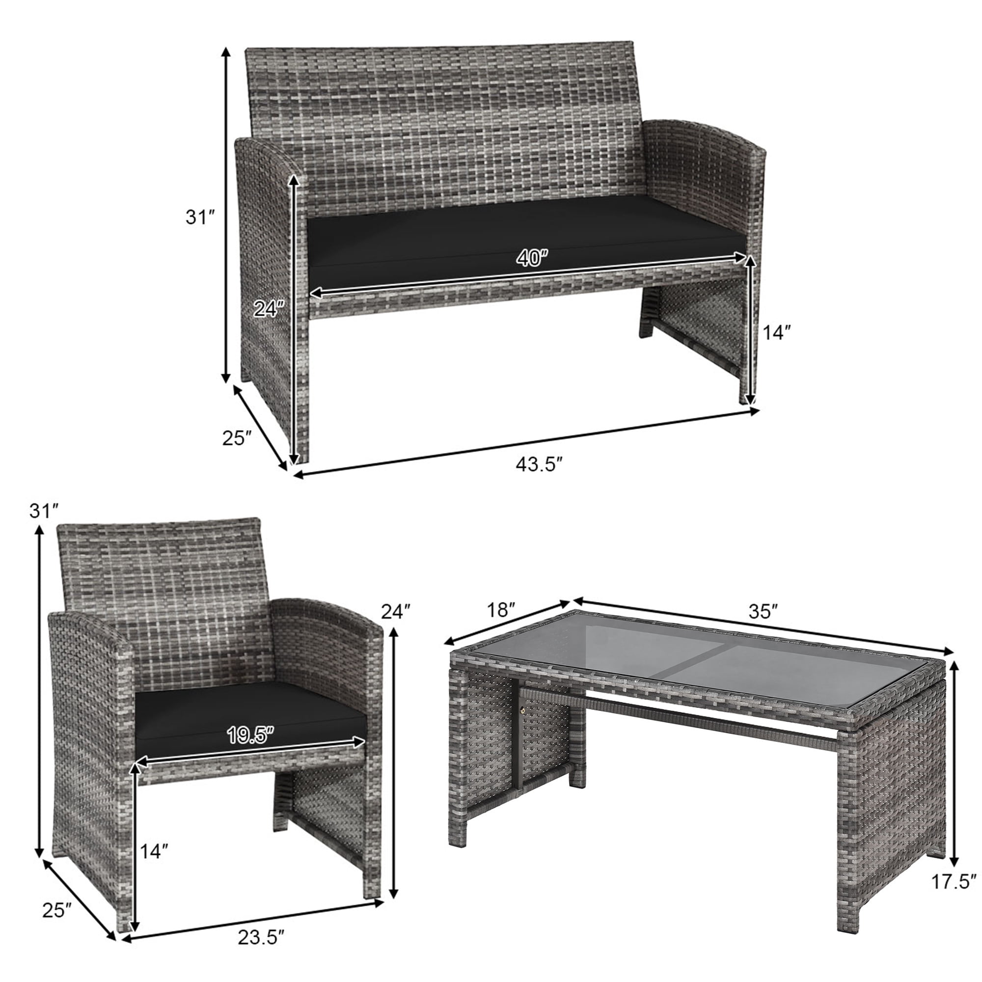 Costway 4PCS Patio Rattan Furniture Set Conversation Glass Table Top Sofa Cushioned, Black