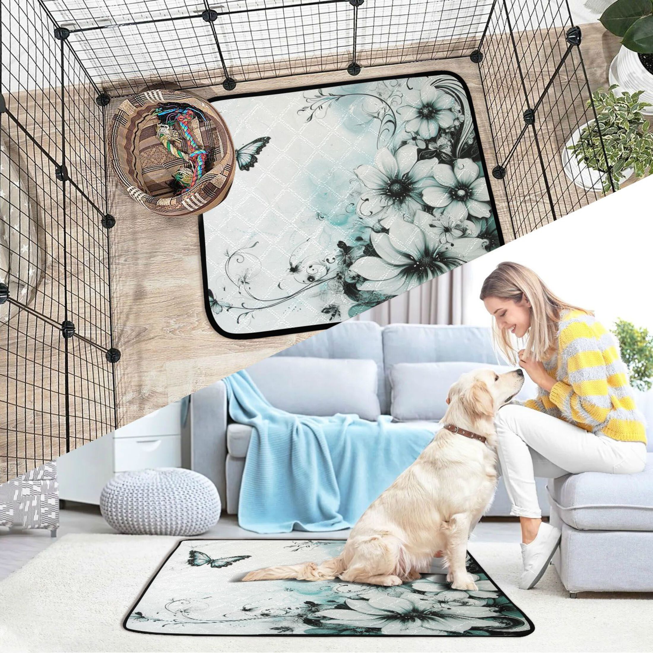 Qxltty Cyan Flowers Cat litter Pads Pet Set of 3 Diaper Mats Center Anti-leakage Layer Absorbent Soft and Comfortable