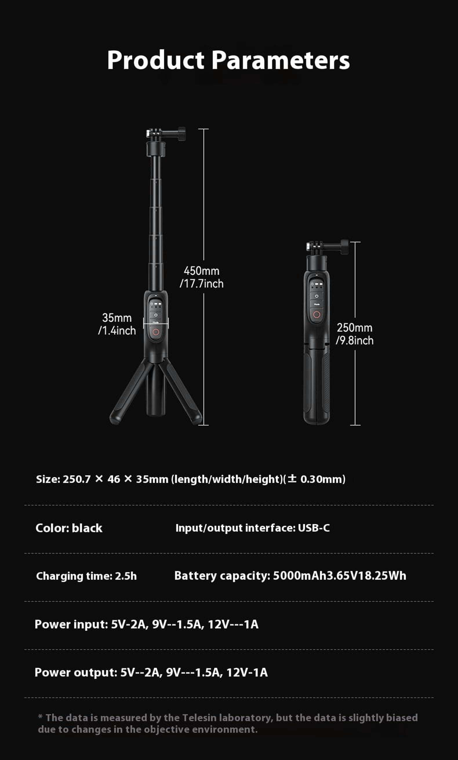 Bigcan Charging Remote Control Tripod Selfie Stick for GoPro Hero 13/12/11/10 – Extendable to 45cm, Magnetic Base, 5000mAh Battery, 360° Adjustable, Bluetooth Remote, USB-C Charging