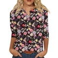 thumbnail image 1 of nuevo cuello de botón para mujer estampado de moda mangas 3/4 camiseta con estampado retro top delgado tops casuales negro / m, 1 of 5