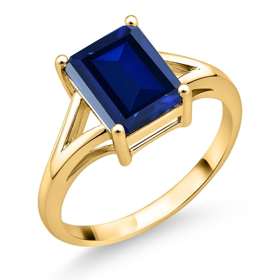 Gem Stone King 18K Yellow Gold Plated Silver Blue Created Sapphire Solitaire Engagement Ring for Women (2.70 Cttw, Emerald Cut 9X7MM, Gemstone Birthstone, Size 6)