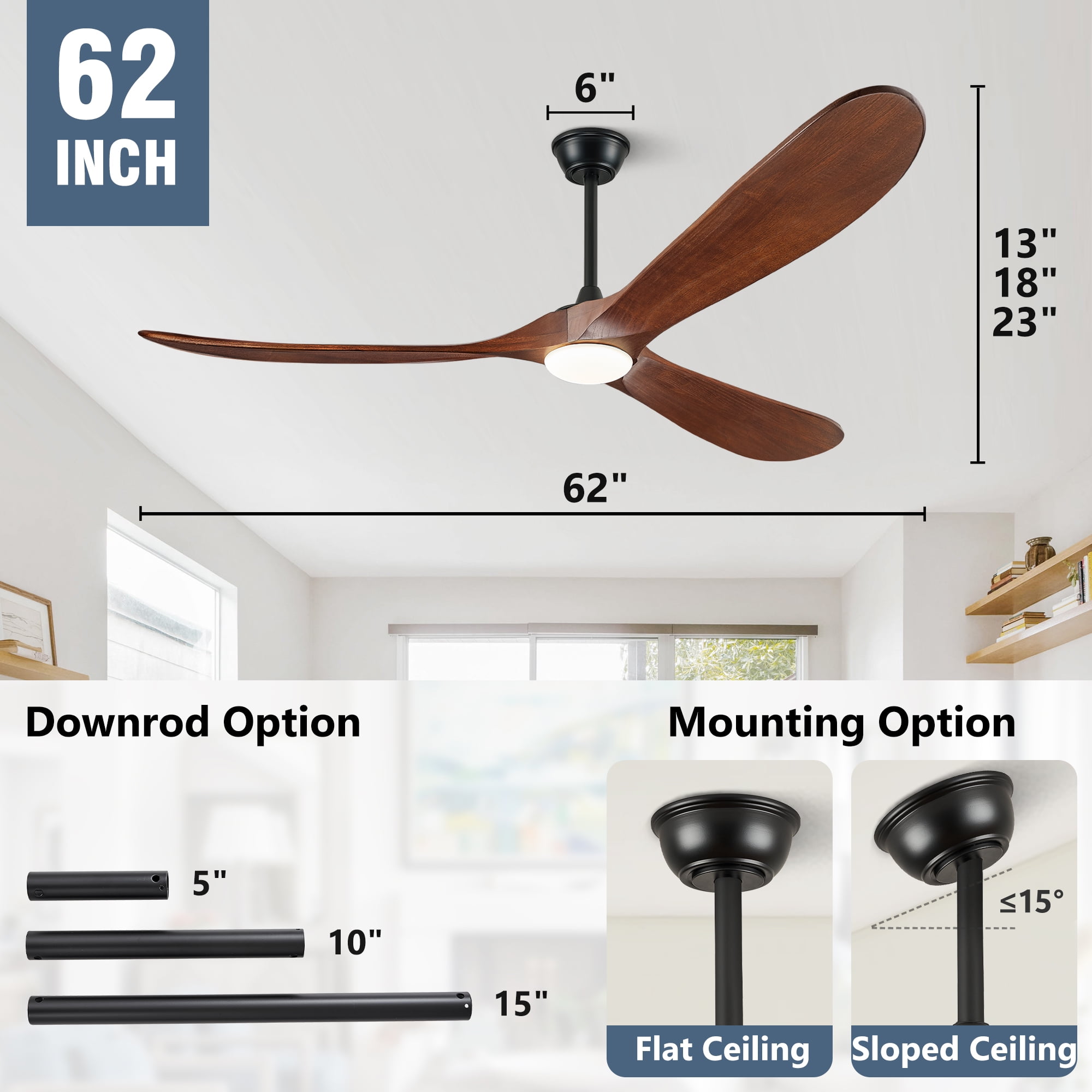 62" 3-Blade Modern Indoor/Outdoor Ceiling Fan with LED Light & Remote – 6-Speed High CFM Quiet DC Motor, Solid Walnut Wood Blades | Included Light Kit, Ideal for Patio, Coastal & Farmhouse
