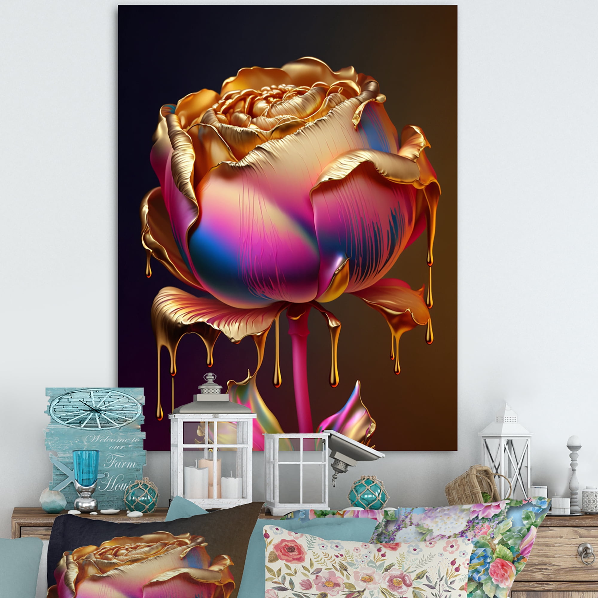 Designart Rainbow Peony Liquid Gold Drips Hyper III Canvas Wall Art