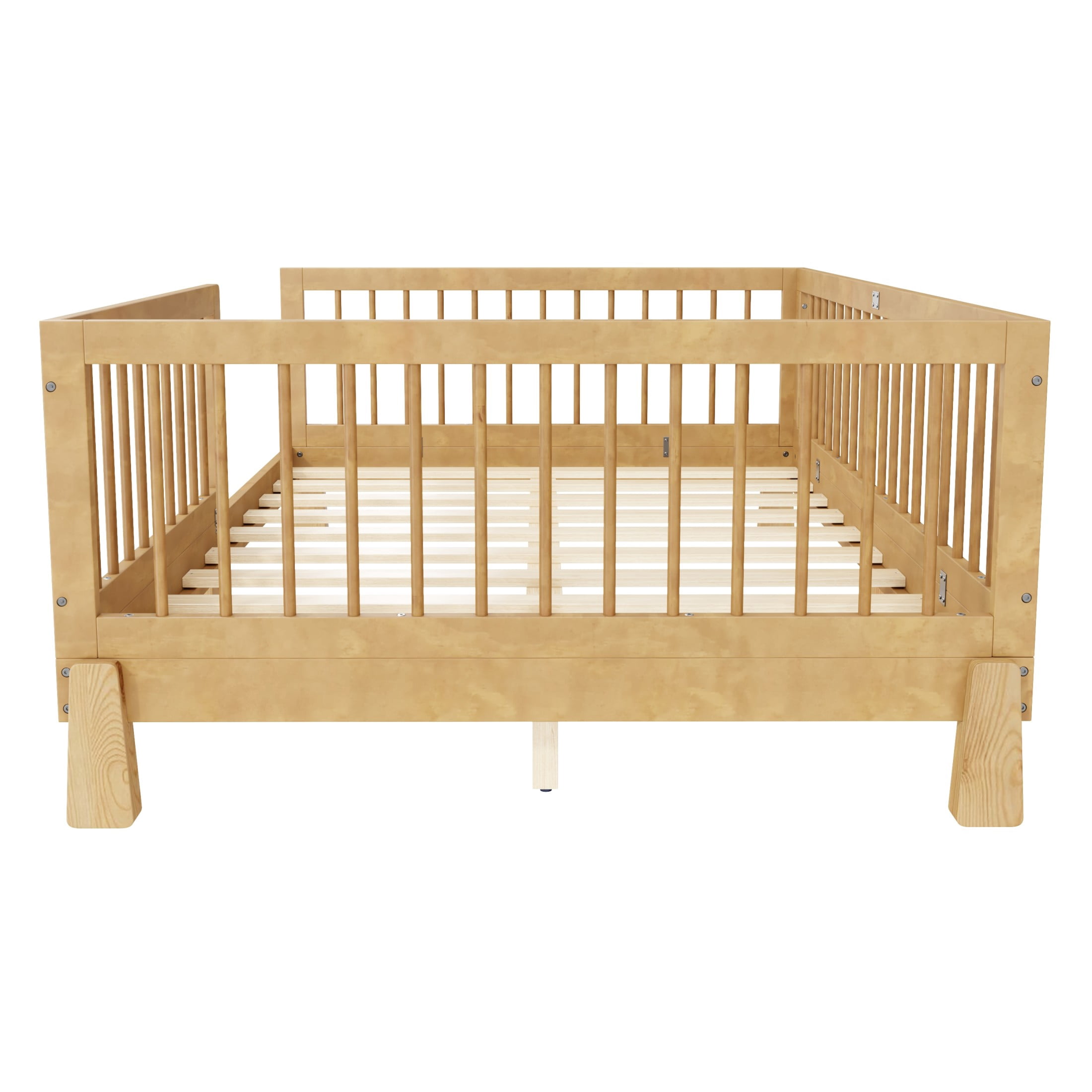 GDF Studio Rolley Full-Size 3-in-1 Convertible Montessori Floor Bed with Guardrails, Pine Wood Kids Bed Frame, Natural