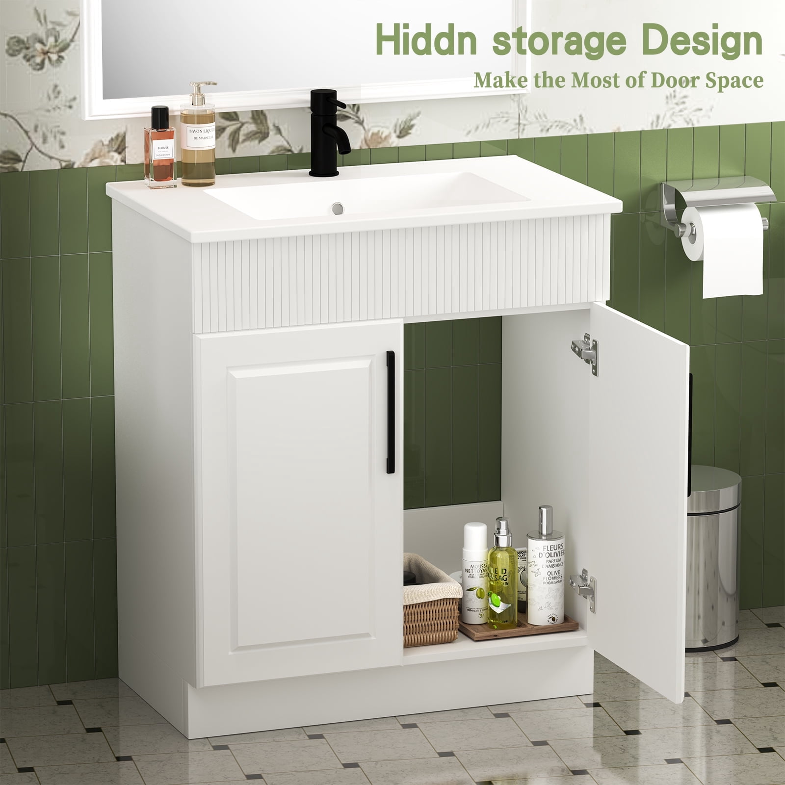 DodreHome 30" Bathroom Vanity with Sink, Freestanding Modern Cabinet with 2 Soft-Closing Doors, Wave-Pattern Fluted Design, White