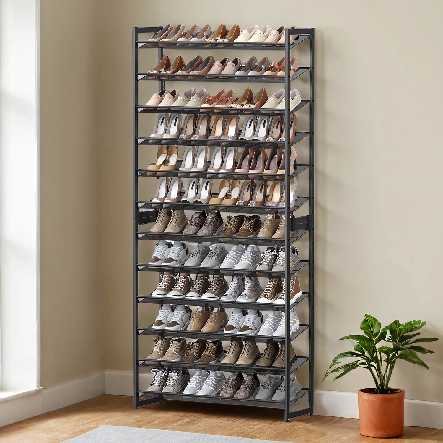 LEDREM 12-Tier Stackable Shoe Rack Organizer, Adjustable Fla,Angled Shelves for Entryway,Garage, Holds 48-60 Pairs, Set of 2, Black
