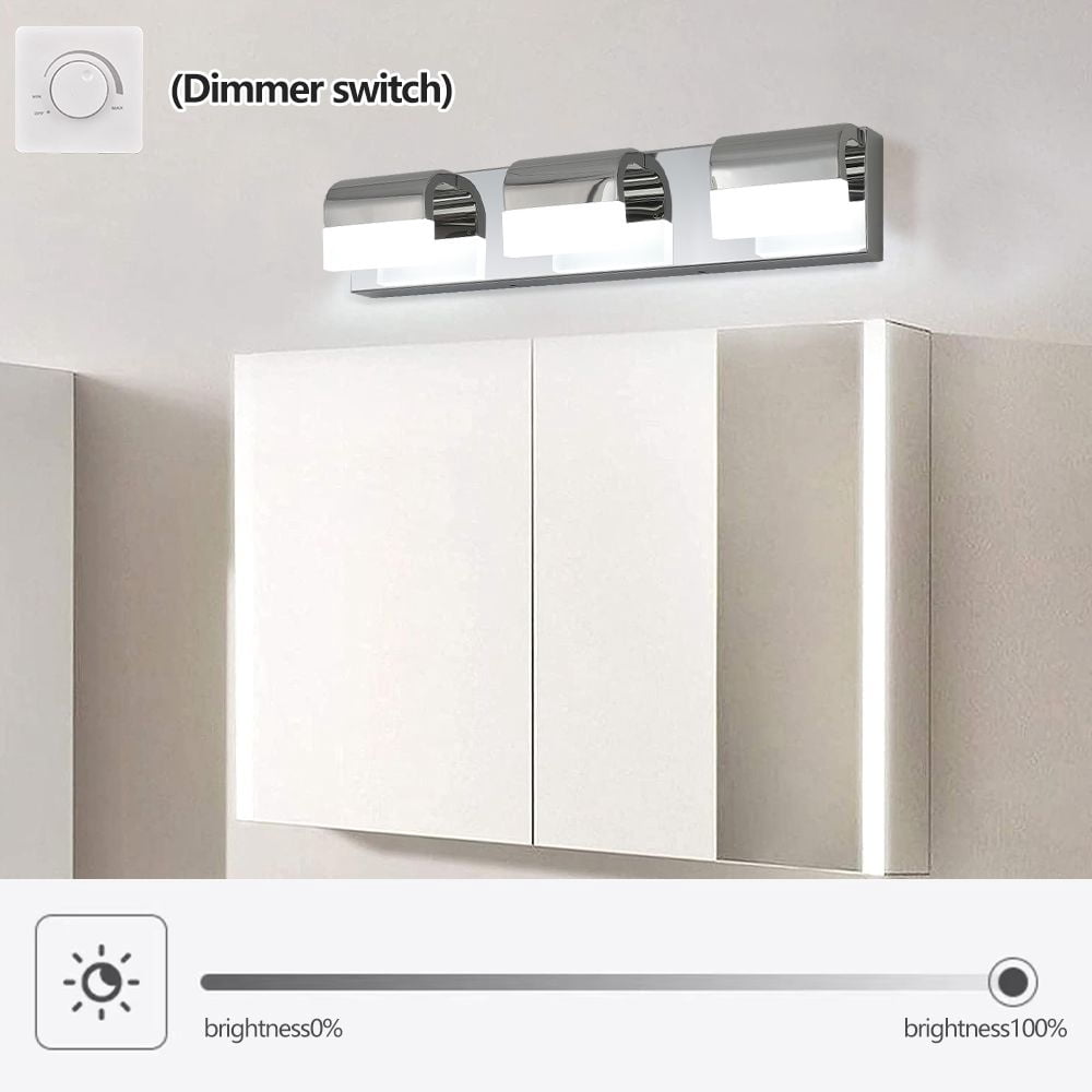 Modern 3-Light LED Vanity Lighting - Chrome Stainless Steel Bathroom Light Fixture for Mirror, Hardwired, 50,000hrs