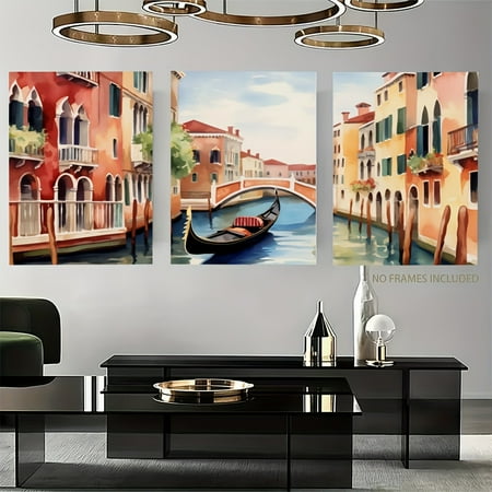 Venice Italy Gondola & Rialto Bridge Triptych Canvas Wall Art - 2D Flat Frameless Poster, Vibrant Italian Cityscape Decor for Home, Office