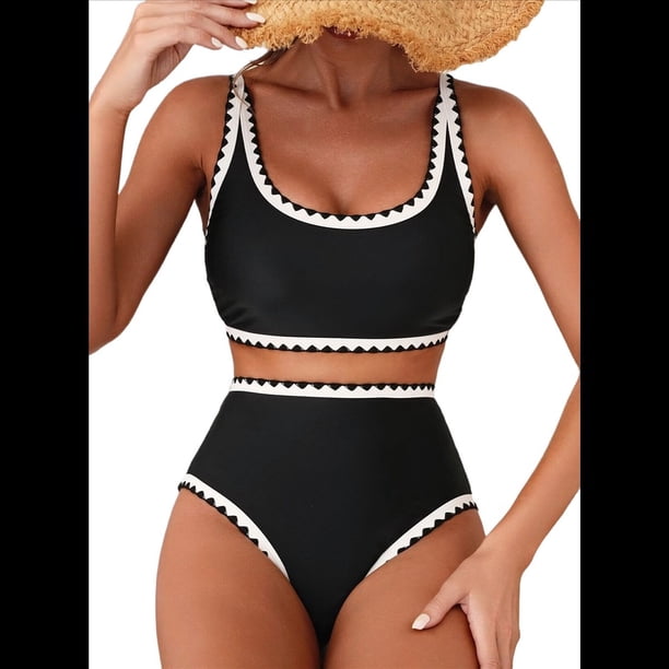 Conjuntos de Bikini para Mujer con Estampado Floral, Trajes de Baño de Dos Piezas con Escote Redondo y Cintura Alta. Negro XL