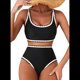 thumbnail image 1 of Conjuntos de Bikini para Mujer con Estampado Floral, Trajes de Baño de Dos Piezas con Escote Redondo y Cintura Alta. Negro XL, 1 of 8
