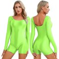 thumbnail image 3 of Traje de baño brillante para mujer, mono de color sólido elástico con cuello redondo, corte ajustado, mono corto para yoga, culturismo, gimnasio y fitness, 3 of 5