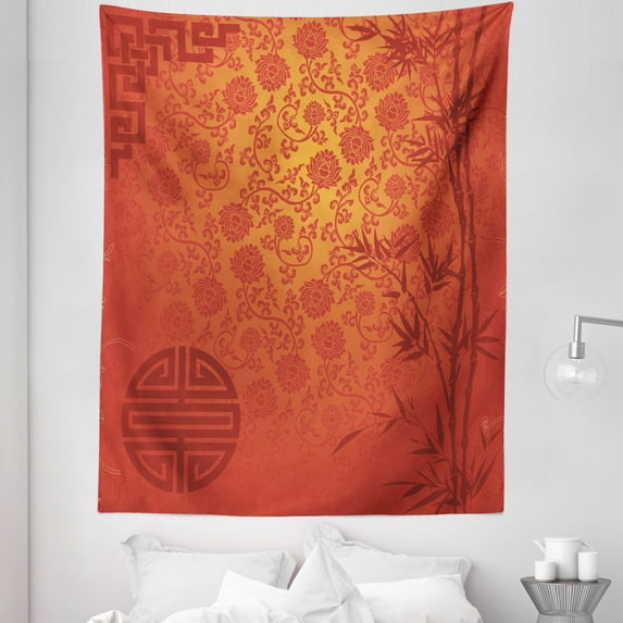 Chinese Tapestry, Eastern Scenery with Branches Traditional Chinese Print, Fabric Wall Hanging Decor for Bedroom Living Room Dorm, 5 Sizes, Pale Orange Burgundy, by Ambesonne