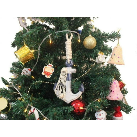 Hampton Nautical Anchor-301-XMASS Wooden Rustic Anchor Christmas Ornament-Nautical Tree Decoration, White with Blue