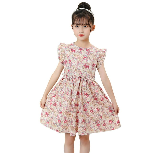 2DXuixsh Robe Fille Filles Tout-Petits Enfants Col Rond Été Sans Manches Décontractée Plage Imprimés Floraux Robe de Fête Robe Florale pour Mariage Fête Rouge Taille 130