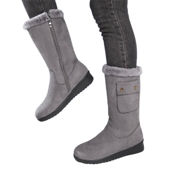 Willtoo Winter Boots for Women Side Zip Mid‑Calf Outdoor Walking Shoe, Pocket Decor Round Toe Wedge Snow Boots Warm Lined Non‑Slip Fashion Footwear