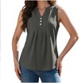thumbnail image 4 of VBVC Women's Cotton Linen Sleeveless Blouse , Ladies' Half Button Pleated Tank Top , Casual V Neck Summer Shirt For Women, *Gray , Medium, 4 of 8