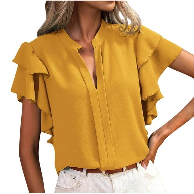 Dealovy Blouses for Women Dressy Double Layered Ruffle Short Sleeve Work Shirts V Neck Business Casual Top