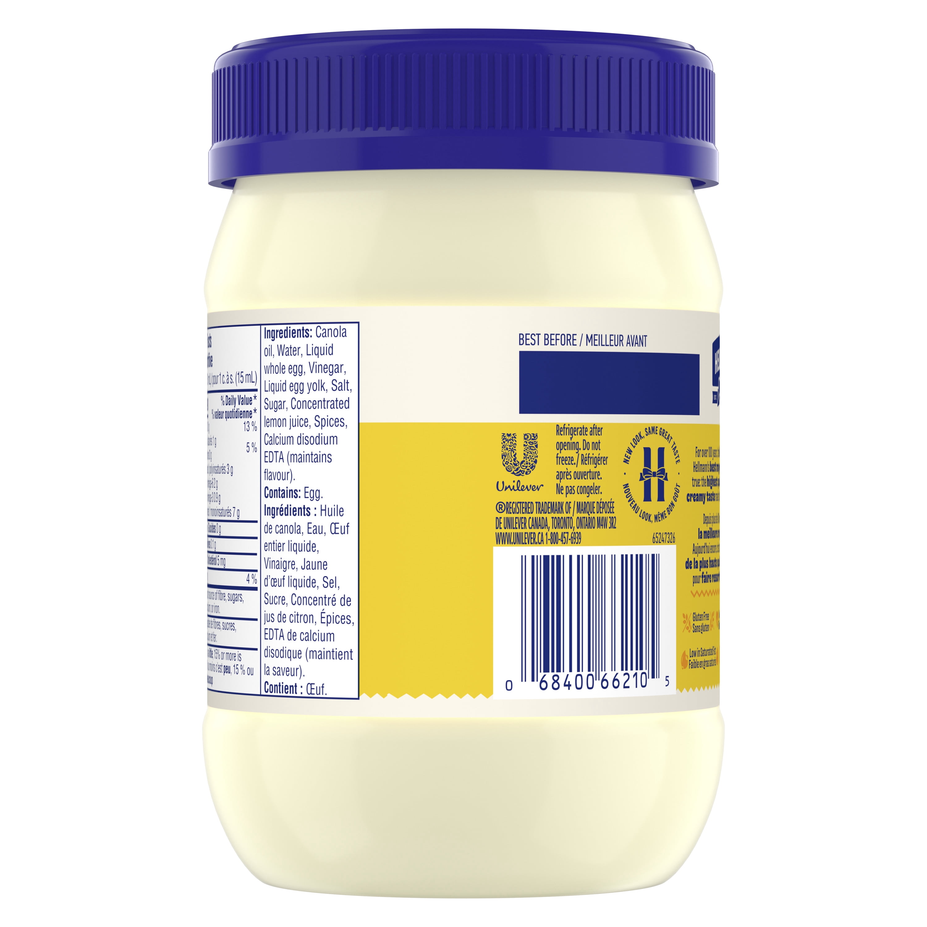 Hellmann’s Real Mayonnaise, Gluten‑Free and Kosher, Made with Canadian Free‑Run Eggs and Canola Oil, 445 ml Jar