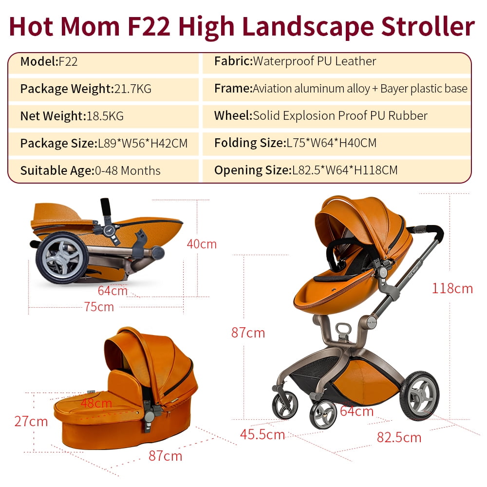 Hot Mom Baby Stroller Reversible Luxury PU Leather Pram,Brown