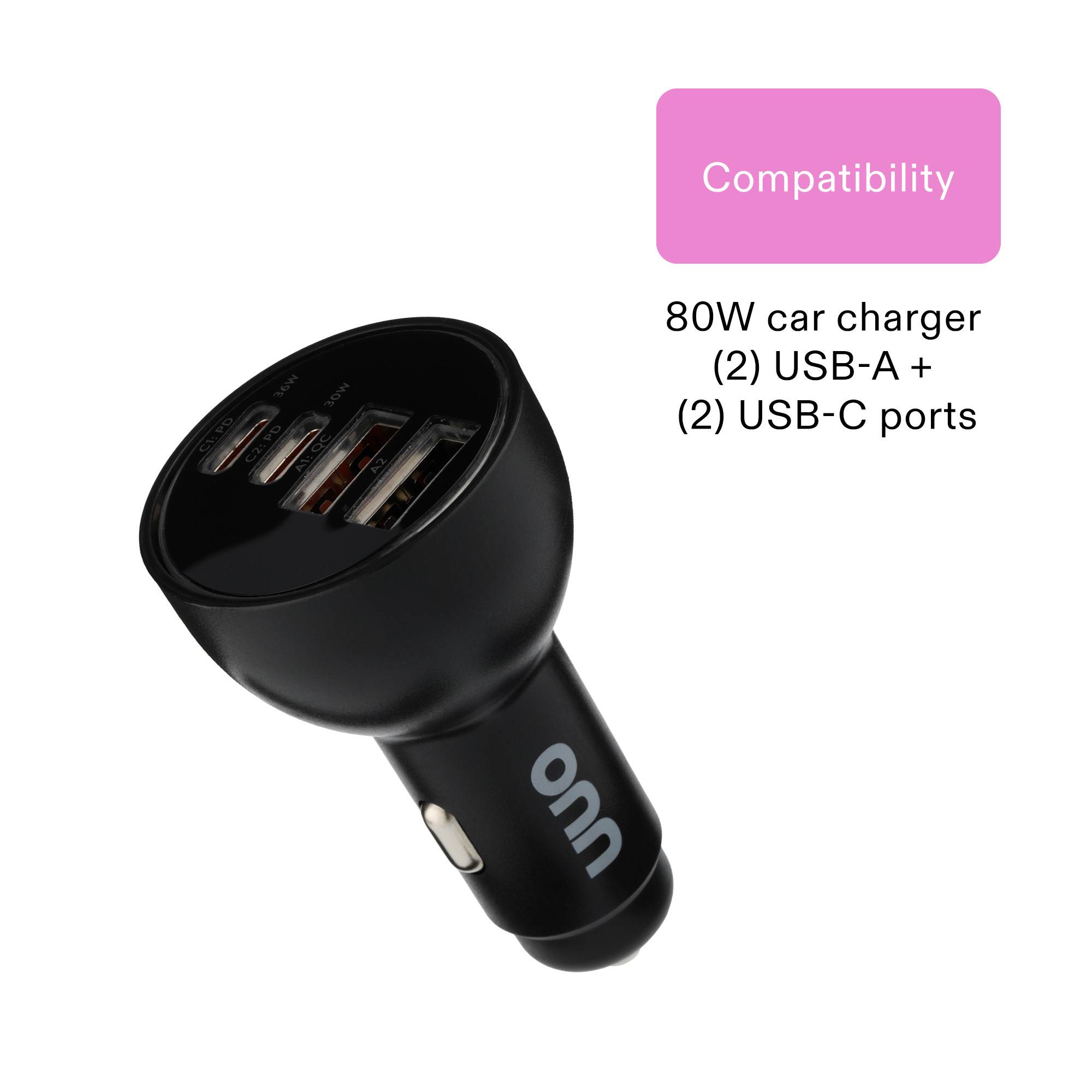 onn 4-Port Fast Car Charger, Dual USB-C and USB photo 3