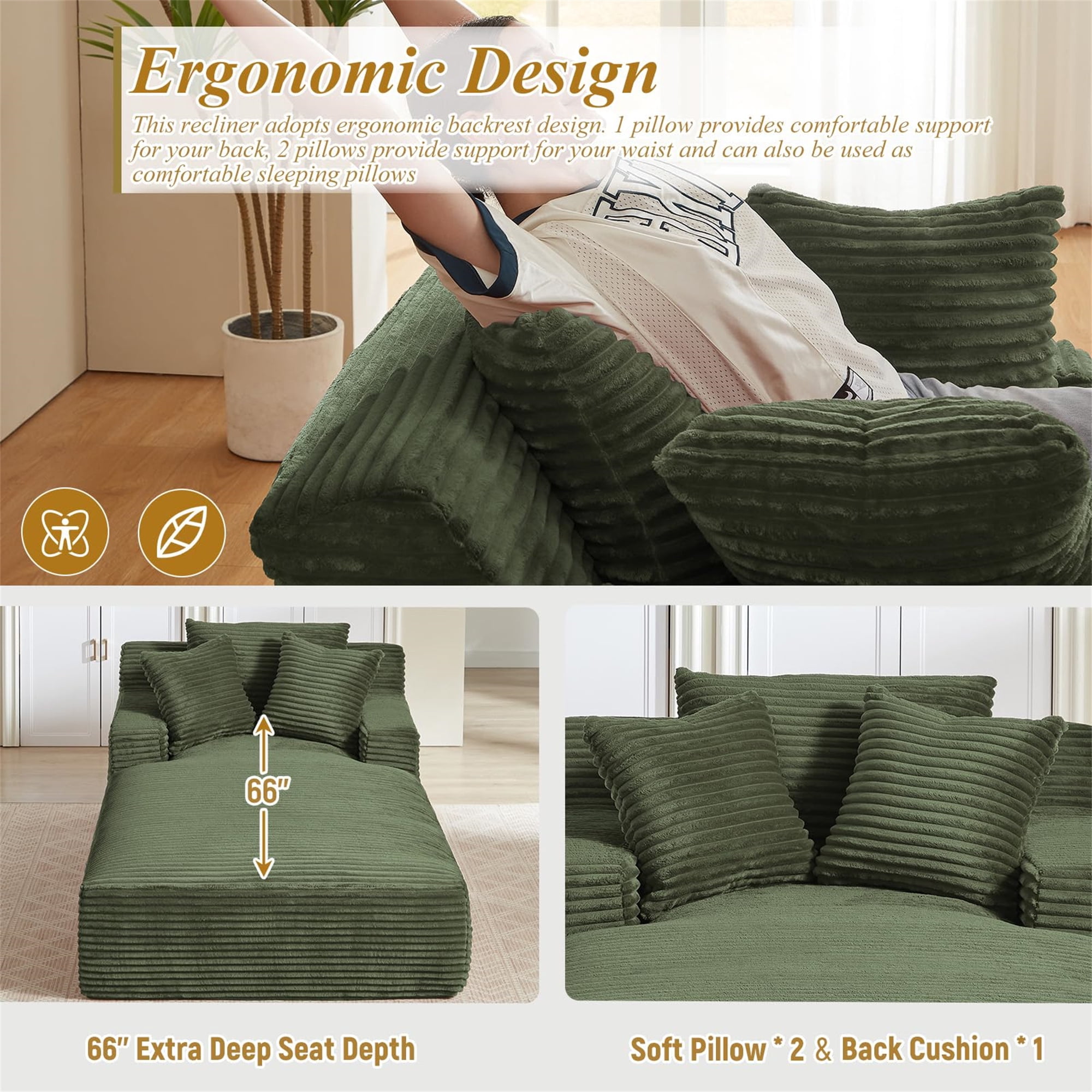 Aukfa Chaise Lounge Oversized Indoor Chair Boneless Couch for Living Room, 3Pillows, Green