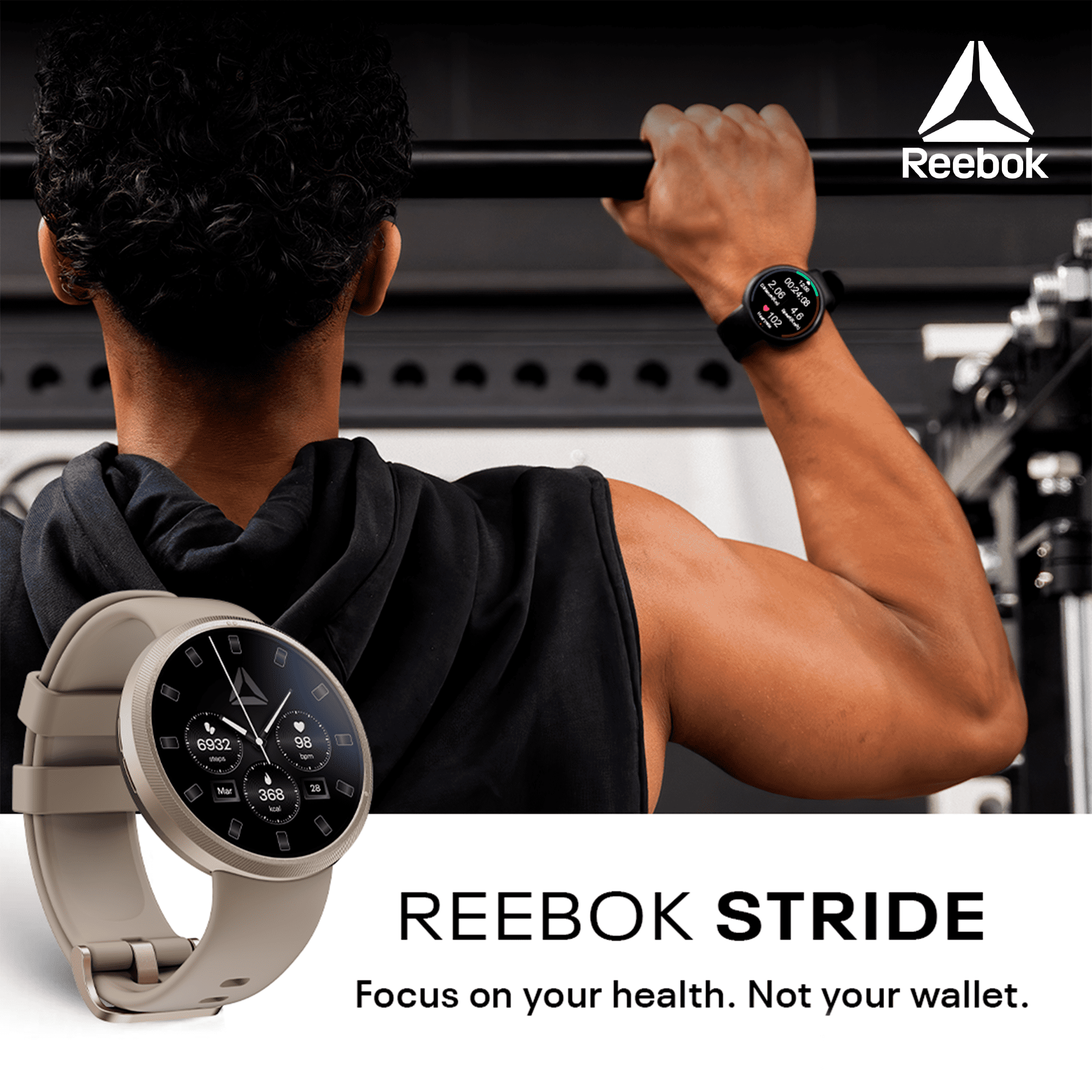 REEBOK Stride Smartwatch Scratch-Resistant Black Plastic Case with Black Watch Band, 1 Pack