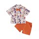 thumbnail image 1 of Conjunto de ropa de Halloween para niños pequeños: pajarita, fantasma, estampado de calabaza, camisa de manga corta con cuello vuelto y pantalones cortos (2 piezas)., 1 of 9
