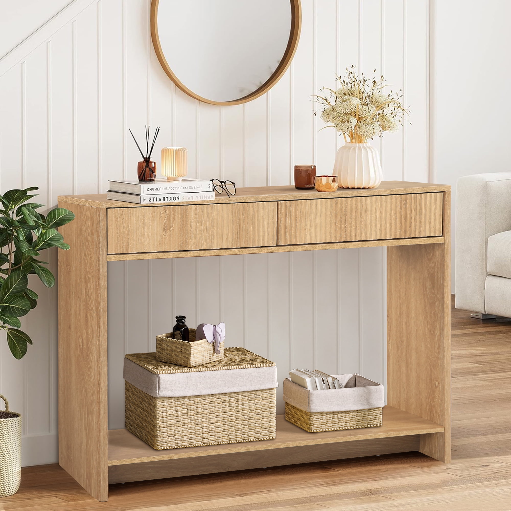 Wirrytor Narrow Console Table with Drawers and Storage Shelf, Modern Sofa Table for Living Room Entryway, Space-Saving Hallway Table Behind Couch with Solid Wood Legs