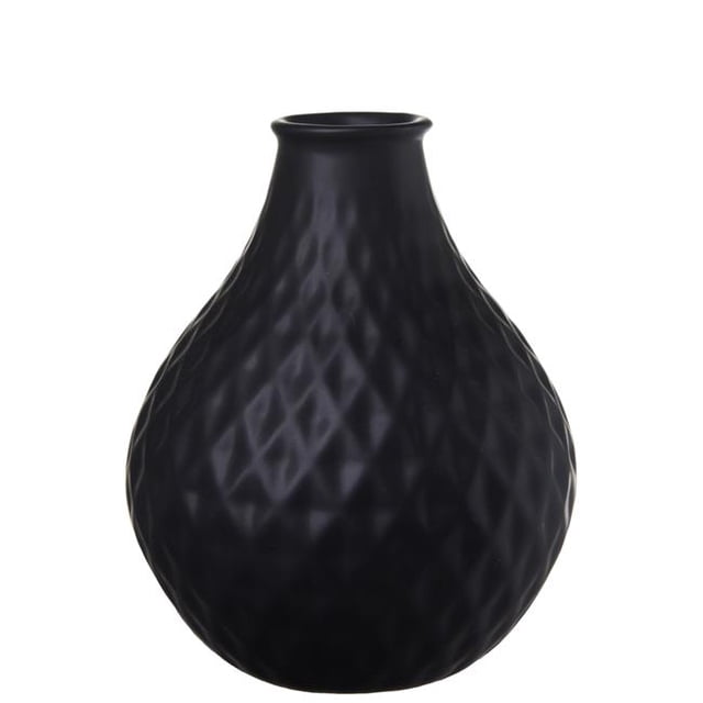 Urban Trends Collection 10929 Ceramic Round Bellied Vase with Trumpet Mouth & Pressed Diamond Design Body, Matte Black