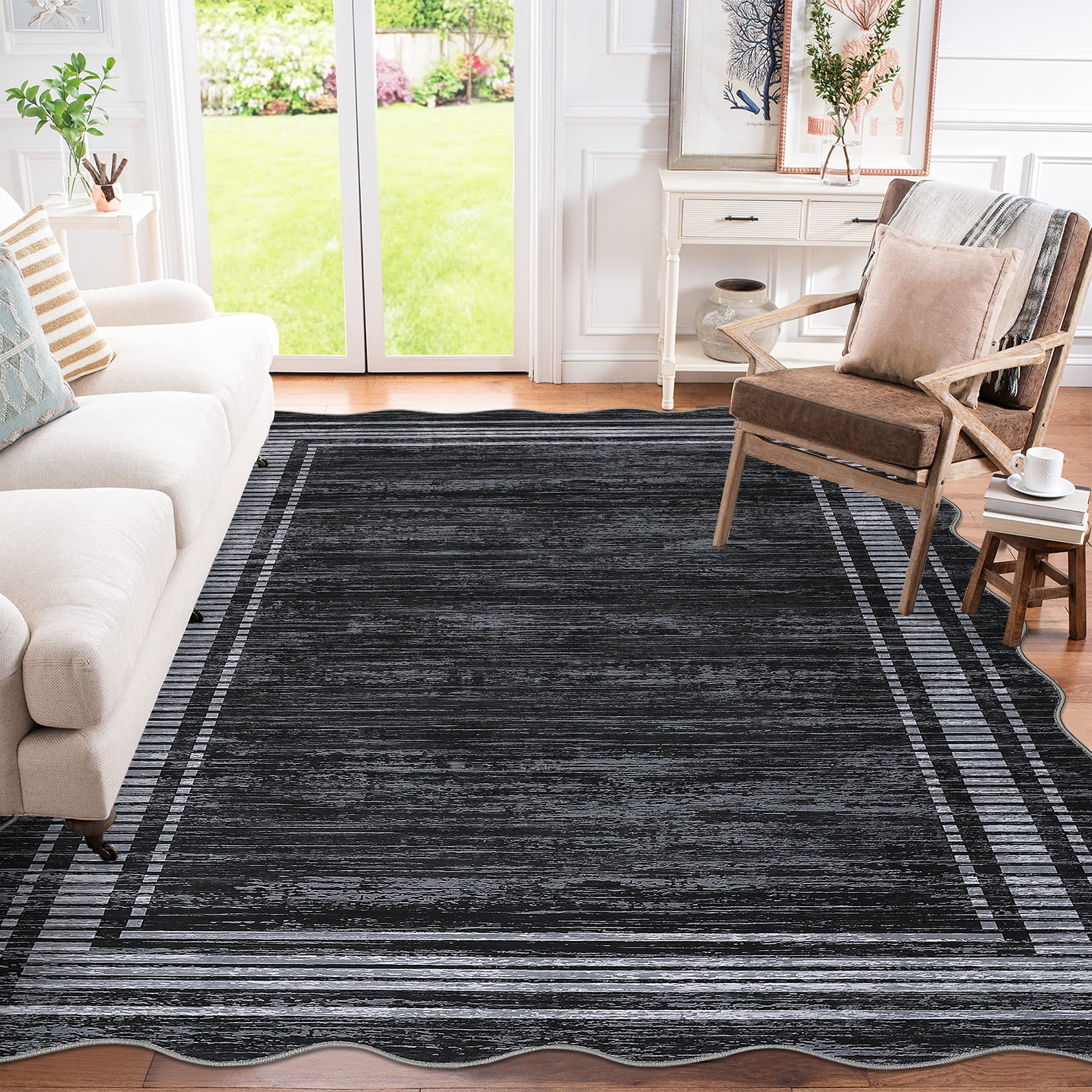 Washable Rugs for Living Room, Non Slip Modern Scalloped Rugs, Low Pile Soft Stain Resistant Rug Non Shedding Modern Print Floor Mats for Home Decor