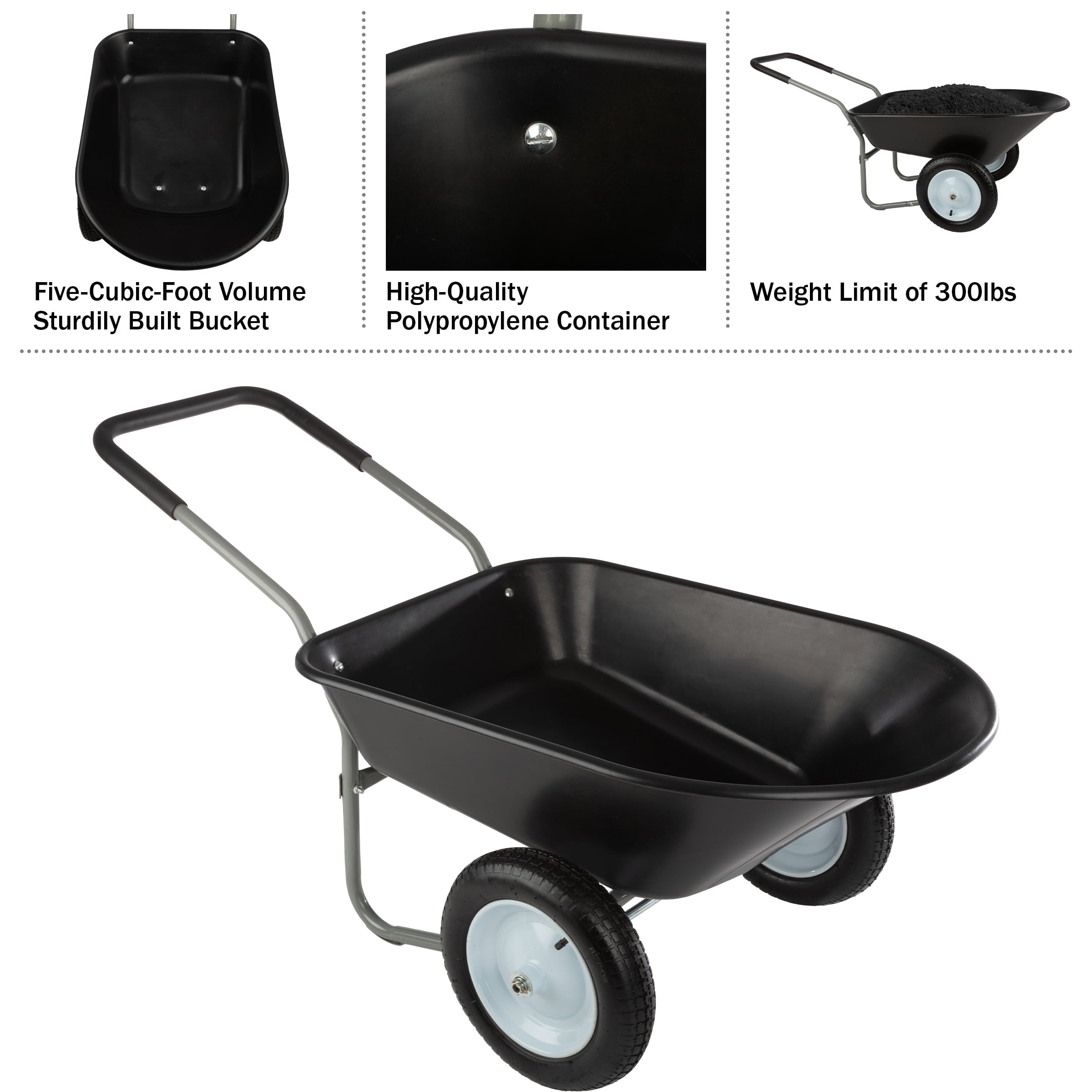 Pure Garden 2-Tire Wheelbarrow with 300lb Capacity and Padded Handle, Black